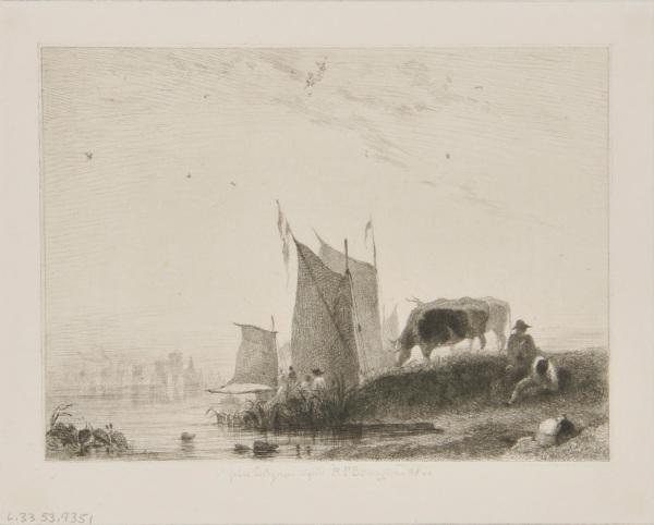 Cows grazing by water with ships