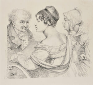 Man drawing a woman with servant looking on