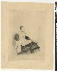 Woman seated, with her arms on the back of the couch