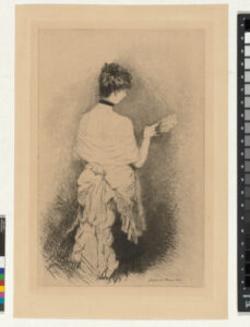 Femme vue de dos, décolletée, l’évantail dans la main droite