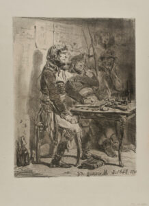 Officer Seated at a Table with Pistol, Watch and Wine; Soldiers in the Background.