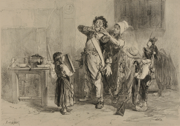 Soldier Being Outfitted by His Family