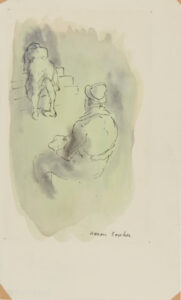 Woman Scrubbing Stairs, Man Sitting