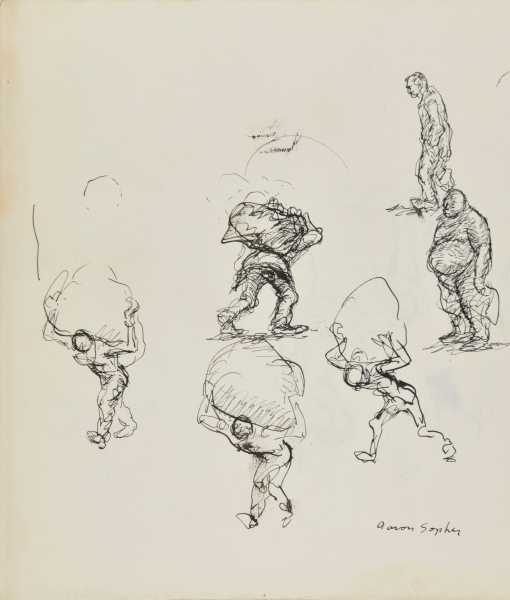 STUDIES OF FIGURES CARRYING LARGE OBJECTS (RECTO); SKETCH OF WOMAN SITTING ON STAIRS (VERSO)