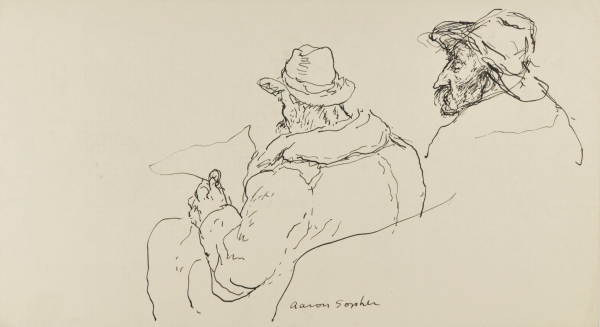 TWO SEATED MEN WITH HATS