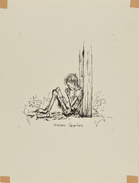 BOY SITTING AGAINST A POST EATING