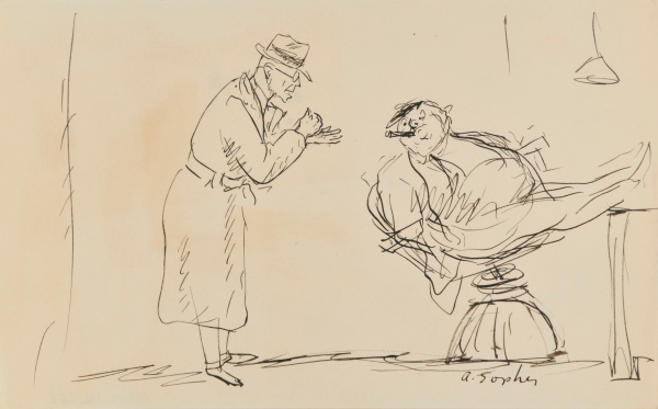 STANDING MAN WITH TRENCH COAT TALKING TO SEATED MAN WITH CIGAR