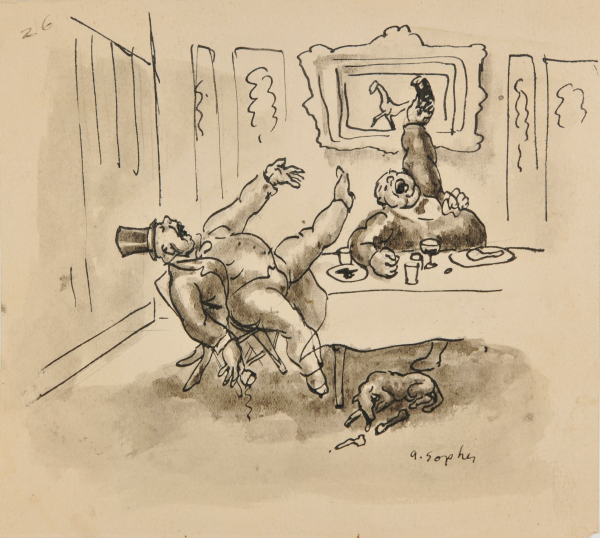 TWO MEN LAUGHING AT THE DINNER TABLE