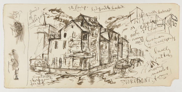 STREET SCENE WITH INSCRIPTIONS (RECTO); SKETCH OF A MAN (VERSO)