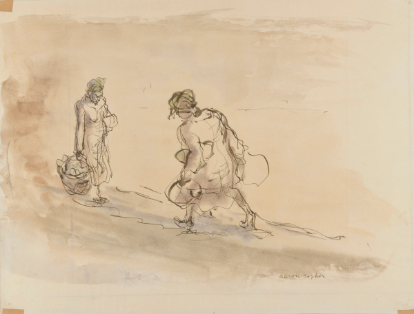 TWO WOMEN WALKING WITH BASKETS