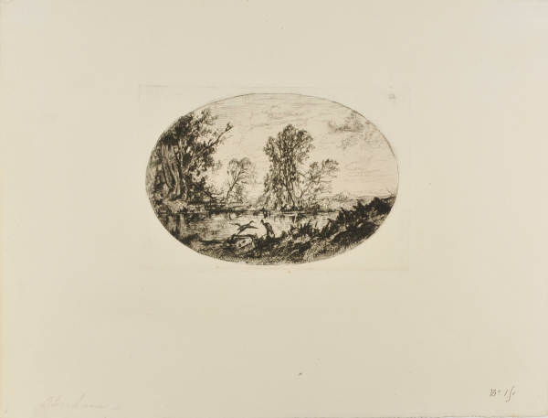 Landscape with two cranes on the edge of a pond