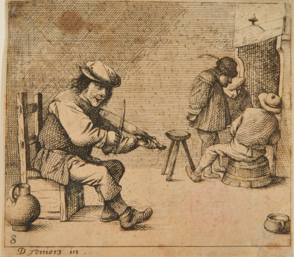 DUTCH INTERIOR WITH ONE PEASANT PLAYING ON A VIOLIN, AND THREE BEFORE A FIREPLACE