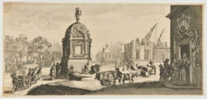 Large Water Fountain with Men Working on a Building in Background