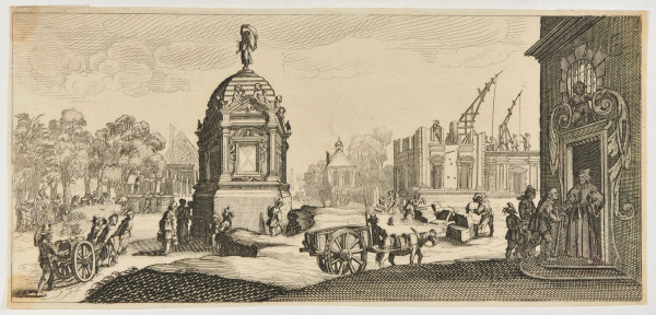 LARGE WATER FOUNTAIN WITH MEN WORKING ON A BUILDING IN BACKGROUND