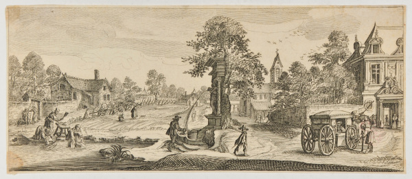 MAN GETTING WATER AT A FOUNTAIN AND WOMEN WASHING CLOTHES