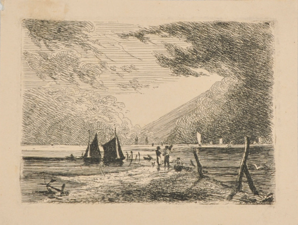 MARINE, WITH TWO SAILBOATS AND AN ANCHOR ON THE SHORE