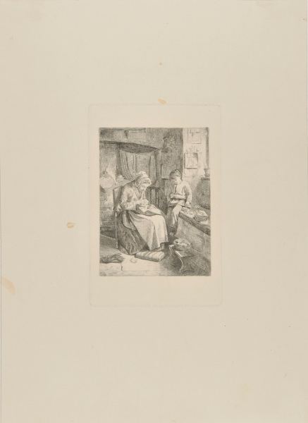 INTERIOR WITH OLD WOMAN AND SMALL BOY