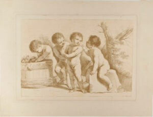 Group of Four Children, One Looking into a Tub with Grapes
