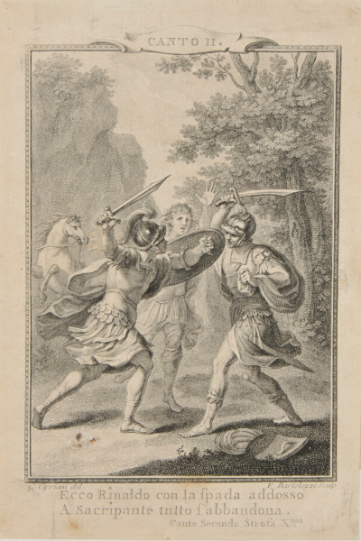 "Ecco Rinaldo don la spade addosso...." (Illustration for "Orlande Furioso", Canto II by L. Ariosto)