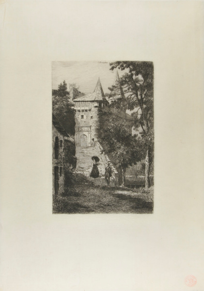 Man and woman descending the steps of a château - Image 2