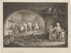 Interior of a Barn, with Old Man, Surrounded By Five Children