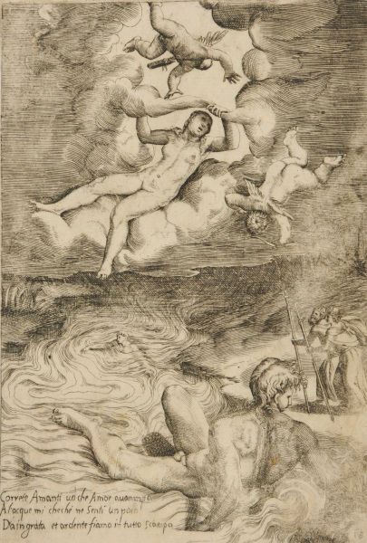 "Correte Amanti ---" (Venus and two cupids in the clouds)