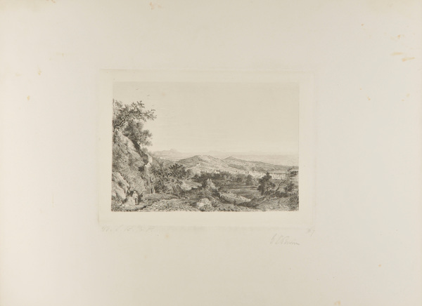 ITALIAN LANDSCAPE; HILLY GROUND IN FOREGROUND, AND MOUNTAINS IN DISTANCE