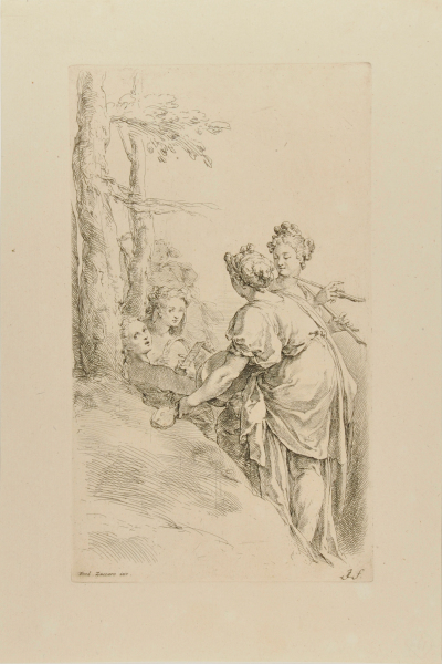 Five female musicians in a landscape