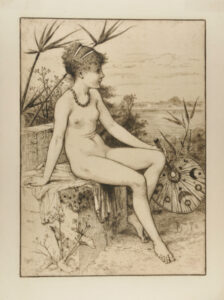 Nude Girl, Holding Palm Leaf Fan, Sitting on Stone Bench