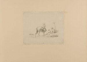 Man and Boy Sitting on Ground Near Donkey with Saddle Bags