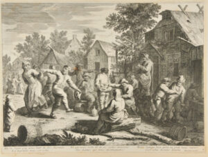 De la vigne par vous tant de fois faconnee . . . (Peasants dancing and drinking before inn.)