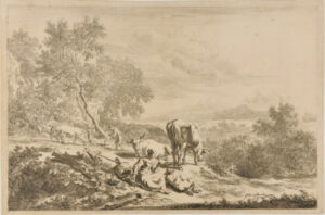 Landscape, with Man Plowing at Left, and Woman Spinning in Foreground
