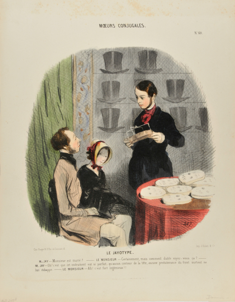 Le Jayotype. M. Jay – Monsieur est marié? – Le Monsieur – Certainement, mais comment diable voyez-vous ça? – M. Jay – Oh! c’est que cet instrument est si parfait qu’aucun contour de la tête, aucune protuberance du front surtout ne lui échappe. – Le Monsieur – Ah! c’est fort ingénieux!!