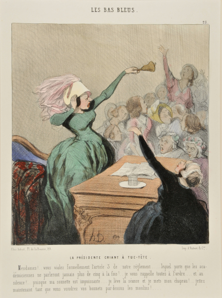 La Présidente Criant à Tue-Tête – Mesdames! … vous violez formellement l’article 3 de notre réglement… lequel porte que les académiciennes ne parleront jamais plus de cinq à la fois!… je vous rappelle toutes à l’ordre… et au silence!….. puisque ma sonnette est impuissante…. je lève la séance et je mets mon chapeau!… jettez maintenant tant que vous voudrez vos bonnets par dessus les moulins!.. - Image 2