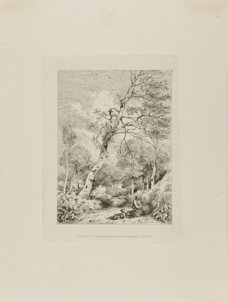 MAN TYING A BUNDLE OF STICKS, WITH HIS DOG IN THE WOODS