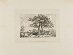 Landscape with Horses Drawing Hay Wagon, Two Large Trees in Foreground