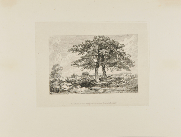 LANDSCAPE WITH HORSES DRAWING HAY WAGON, TWO LARGE TREES IN FOREGROUND