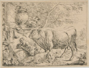 Landscape with Reclining Shepherd, a Bull and Two Sheep