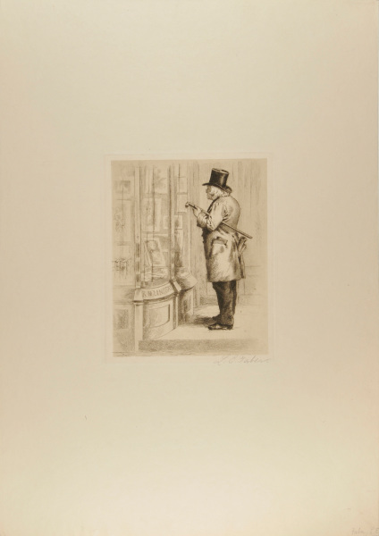 OLD MAN LOOKING INTO R.M. LINDSAY'S SHOP WINDOW