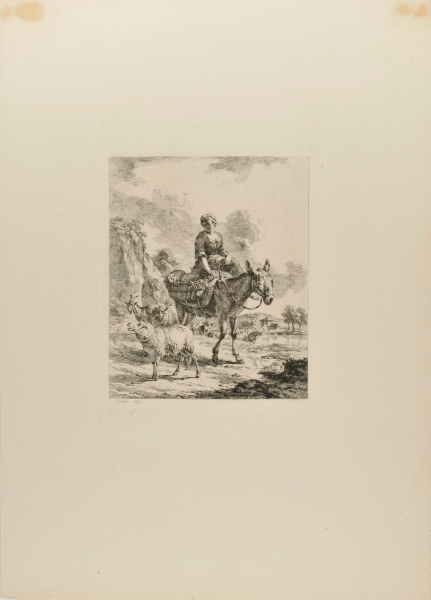 SHEPHERDESS ON A DONKEY LEADING A HERD OF SHEEP