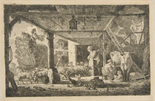 FLOCK OF SHEEP COMING OUT OF A STABLE