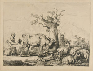 Landscape with Cattle, Cow Rubbing Against a Tree