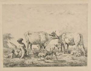 Landscape with Two Cows and Two Goats, Girl and Little Boy at Left