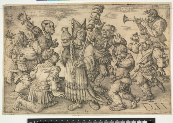CARNIVAL SCENE (SIX MEN DANCING AROUND AN OLD WOMAN, WITH A MUSICIAN AT RIGHT)