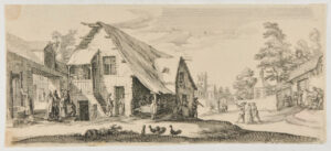 Village Scene with Men Around a Table Under a Roof at Corner of House