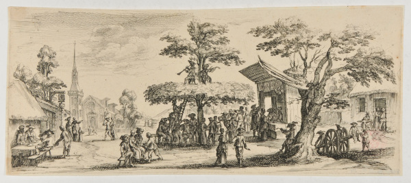 PEOPLE GATHERING UNDER A TREE IN THE TOWN SQUARE