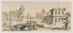 People on Stone Bridge, a Palace in Background