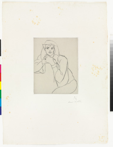 YOUNG WOMAN WITH HANDS JOINED ON THE CHAIR BACK