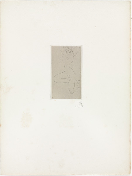 NUDE SITTING ON RIGHT LEG, ARMS RAISED