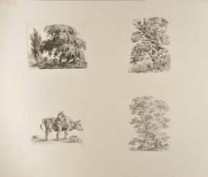English Garden with Willow and Urn (upper left); Ox Scratching against a Gnarled Oak (upper right); Gnarled Oak with Flute-Playing Shepherd Sitting on Branch (lower right); Young Shepherd with a Cow (lower left)